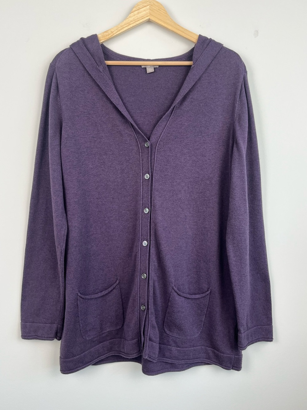 J.Jill purple cotton poly hooded button front cardigan, size large.